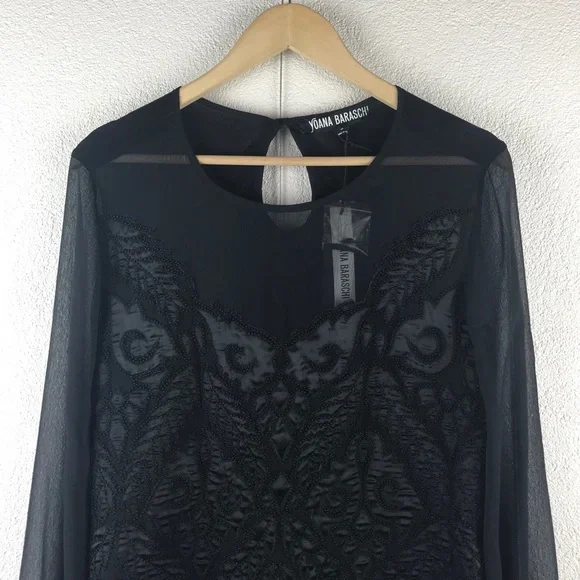 Yoana Baraschi l S Black Long Sheer Silk Chiffon Sleeves Quilted Beaded Blouse